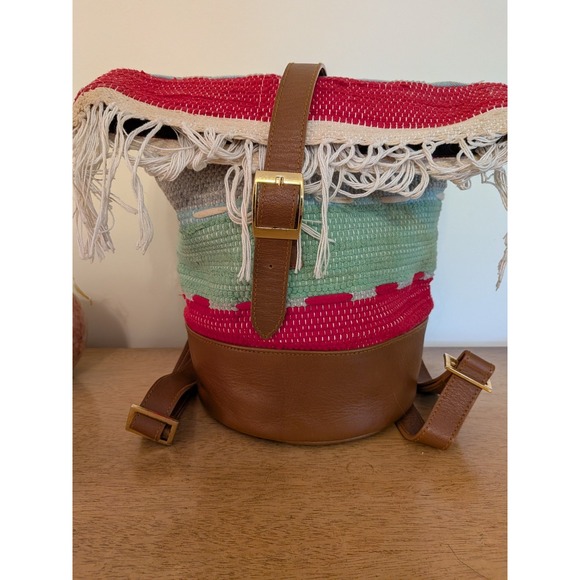 Unbranded Handbags - Boho Woven Textile‎ Leather Bucket Backpack Fringe Multi-Color Striped Purse